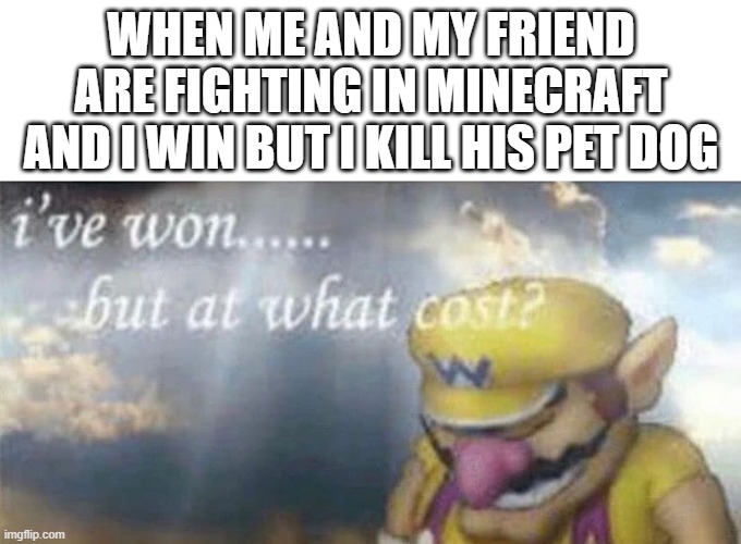 ive won but at what cost | WHEN ME AND MY FRIEND ARE FIGHTING IN MINECRAFT AND I WIN BUT I KILL HIS PET DOG | image tagged in ive won but at what cost,fun,memes,minecraft,pets | made w/ Imgflip meme maker