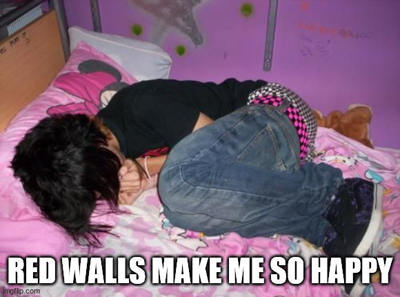 emo boy curled up on pink bed | RED WALLS MAKE ME SO HAPPY | image tagged in emo boy curled up on pink bed | made w/ Imgflip meme maker