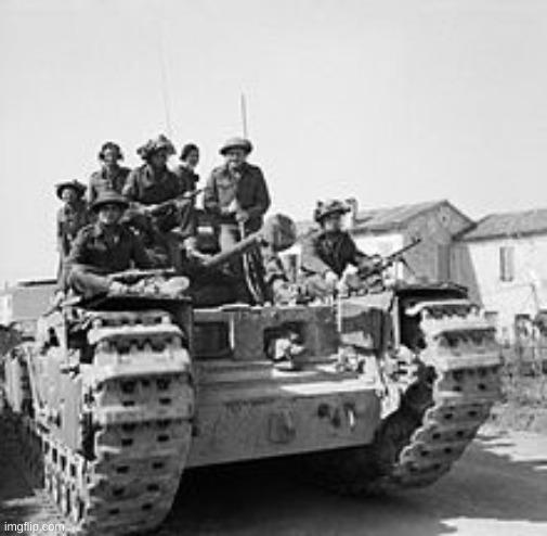Men of the Jewish Brigade ride on a Churchill tank in the Mezzano-Alfonsine sector, 14 March 1945. | made w/ Imgflip meme maker