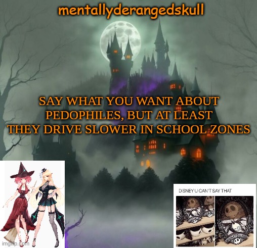 SAY WHAT YOU WANT ABOUT PEDOPHILES, BUT AT LEAST THEY DRIVE SLOWER IN SCHOOL ZONES | image tagged in mentallyderangedskull | made w/ Imgflip meme maker