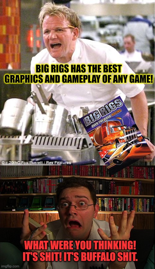 BIG RIGS HAS THE BEST GRAPHICS AND GAMEPLAY OF ANY GAME! WHAT WERE YOU THINKING! IT'S SHIT! IT'S BUFFALO SHIT. | image tagged in memes,chef gordon ramsay,avgn what were they thinking | made w/ Imgflip meme maker