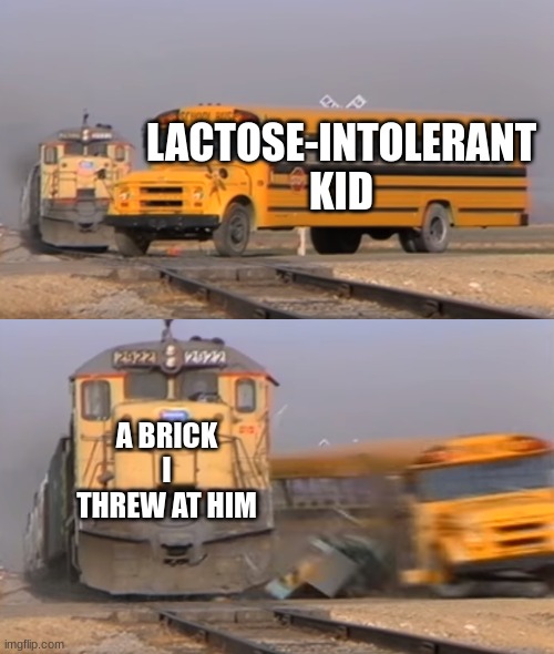 A train hitting a school bus | LACTOSE-INTOLERANT KID; A BRICK I THREW AT HIM | image tagged in a train hitting a school bus | made w/ Imgflip meme maker