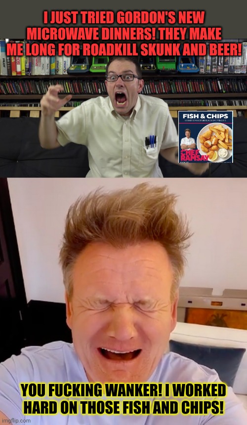 Gordon Ramsay can't cook | I JUST TRIED GORDON'S NEW MICROWAVE DINNERS! THEY MAKE ME LONG FOR ROADKILL SKUNK AND BEER! YOU FUCKING WANKER! I WORKED HARD ON THOSE FISH  | image tagged in avgn meme,chef gordon ramsay,microwave,dinner,avgn | made w/ Imgflip meme maker