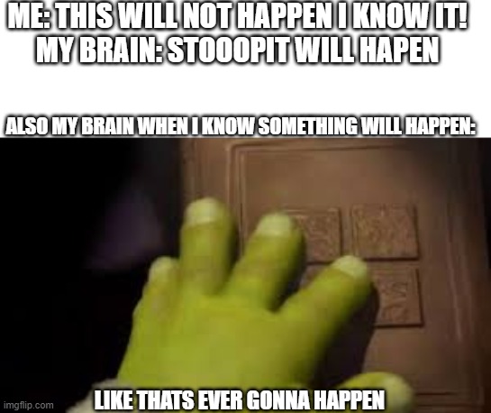 brain are weird | ME: THIS WILL NOT HAPPEN I KNOW IT!
MY BRAIN: STOOOPIT WILL HAPEN; ALSO MY BRAIN WHEN I KNOW SOMETHING WILL HAPPEN:; LIKE THATS EVER GONNA HAPPEN | image tagged in shrek book closing mene | made w/ Imgflip meme maker