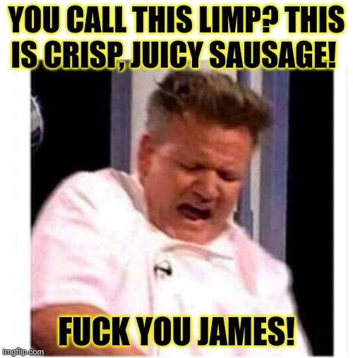 Gordon Ramsay | YOU CALL THIS LIMP? THIS IS CRISP, JUICY SAUSAGE! FUCK YOU JAMES! | image tagged in gordon ramsay | made w/ Imgflip meme maker
