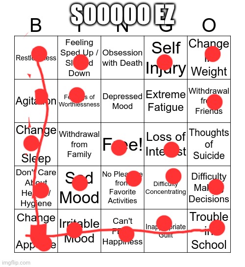 depression bingo 1 | SOOOOO EZ | image tagged in depression bingo 1 | made w/ Imgflip meme maker