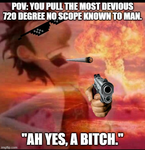 Call of Duty be like: | POV: YOU PULL THE MOST DEVIOUS 720 DEGREE NO SCOPE KNOWN TO MAN. "AH YES, A BITCH." | image tagged in mushroomcloudy | made w/ Imgflip meme maker