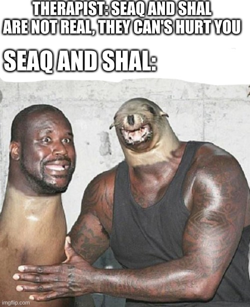 aaaaaaaaaaaaaaaaaaaaaaaaaaaaaaaaaaaaaaaaaaaaaaaaaaaaaaaaaaaaaaaaaaaaa | THERAPIST: SEAQ AND SHAL ARE NOT REAL, THEY CAN'S HURT YOU; SEAQ AND SHAL: | image tagged in aaaaaaaaaaaaaaaaaaaaaaaaaaa,nightmare fuel,shaq,seal | made w/ Imgflip meme maker