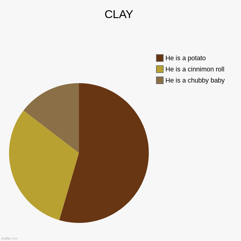 CLAY | CLAY | He is a chubby baby, He is a cinnimon roll, He is a potato | image tagged in charts,pie charts | made w/ Imgflip chart maker