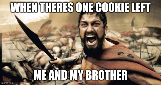 Sparta Leonidas | WHEN THERES ONE COOKIE LEFT; ME AND MY BROTHER | image tagged in memes,sparta leonidas | made w/ Imgflip meme maker
