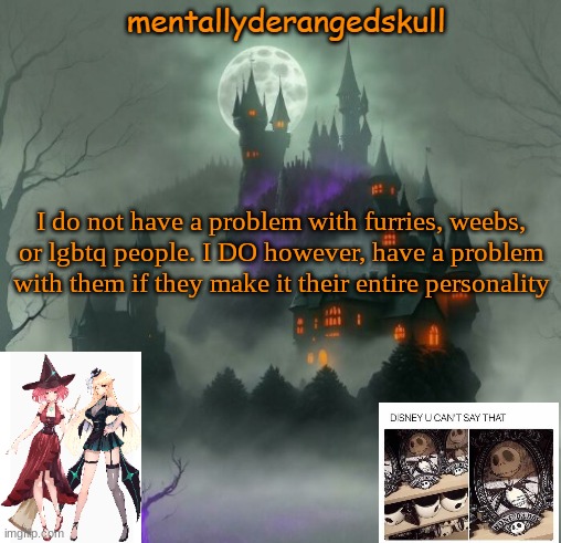 I do not have a problem with furries, weebs, or lgbtq people. I DO however, have a problem with them if they make it their entire personality | image tagged in mentallyderangedskull | made w/ Imgflip meme maker