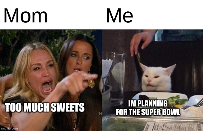 Woman Yelling At Cat | Mom; Me; TOO MUCH SWEETS; IM PLANNING FOR THE SUPER BOWL | image tagged in memes,woman yelling at cat | made w/ Imgflip meme maker