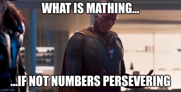 Vision is speaking facts | WHAT IS MATHING... ...IF NOT NUMBERS PERSEVERING | image tagged in vision age of ultron,memes,mcu,marvel cinematic universe,movies,math | made w/ Imgflip meme maker