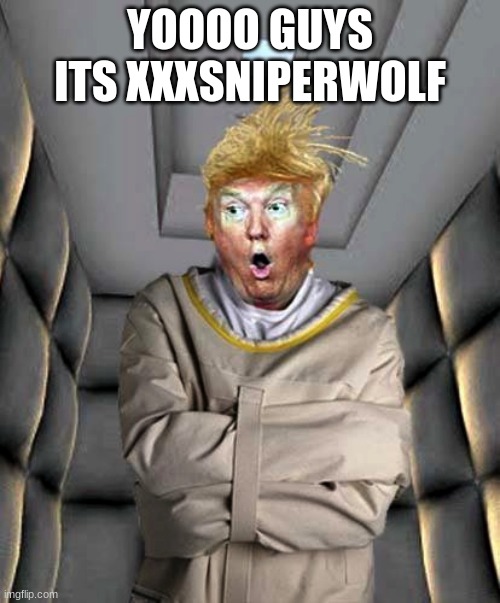 Shes insane | YOOOO GUYS ITS XXXSNIPERWOLF | image tagged in trump insane strait jacket rubber room | made w/ Imgflip meme maker