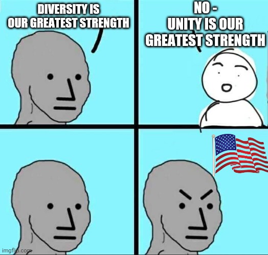Diversity Actually Divides Us | NO -
UNITY IS OUR GREATEST STRENGTH; DIVERSITY IS OUR GREATEST STRENGTH | image tagged in npc meme,liberals,leftists,2024,democrats | made w/ Imgflip meme maker