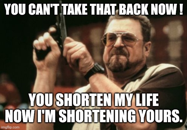 Am I The Only One Around Here | YOU CAN'T TAKE THAT BACK NOW ! YOU SHORTEN MY LIFE NOW I'M SHORTENING YOURS. | image tagged in memes,am i the only one around here | made w/ Imgflip meme maker
