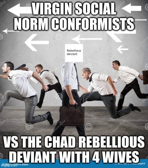 Virgin conformist vs. chad deviant | VIRGIN SOCIAL NORM CONFORMISTS; VS THE CHAD REBELLIOUS DEVIANT WITH 4 WIVES | image tagged in conformity,sociopath,psychology | made w/ Imgflip meme maker