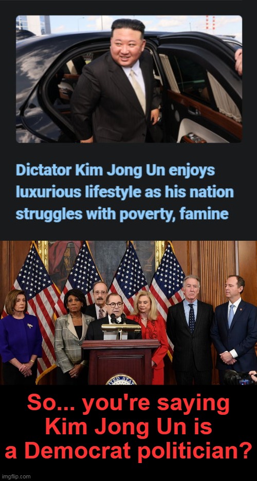 I guess they're right, politicians are the same everywhere. | So... you're saying Kim Jong Un is a Democrat politician? | image tagged in house democrats,kim jong un,north korea,dictatorship,socialists,usa | made w/ Imgflip meme maker