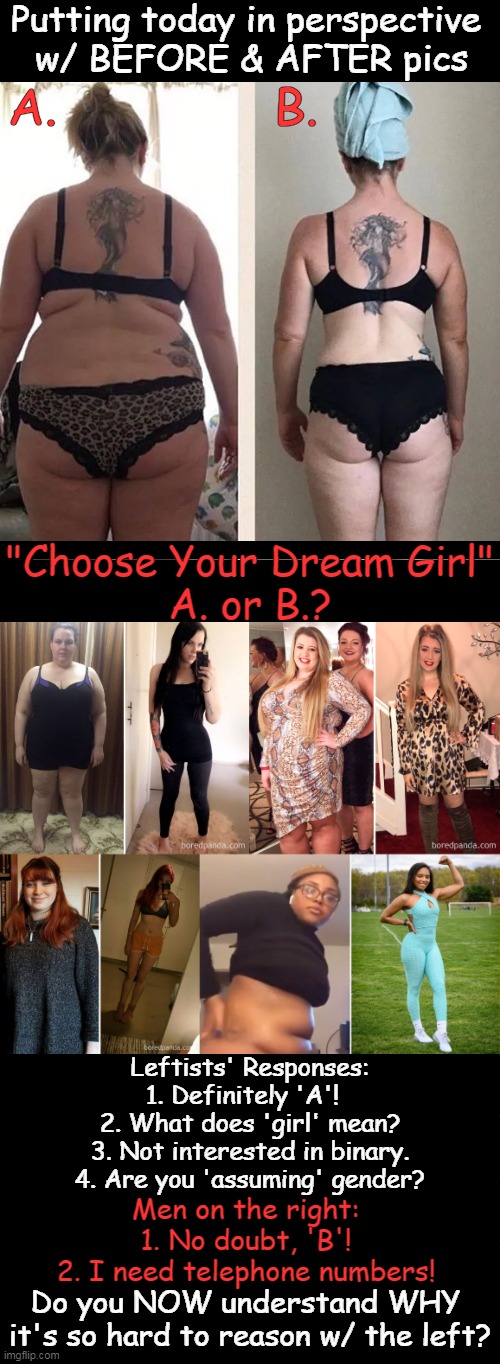 A Visual Example of the Problem We Face... | Putting today in perspective 
w/ BEFORE & AFTER pics; A. B. "Choose Your Dream Girl"
A. or B.? Leftists' Responses:
1. Definitely 'A'!  
2. What does 'girl' mean?
3. Not interested in binary.
4. Are you 'assuming' gender? Men on the right:
1. No doubt, 'B'!
2. I need telephone numbers! Do you NOW understand WHY 
it's so hard to reason w/ the left? | image tagged in politics,political humor,real life,liberals vs conservatives,politically correct,politically incorrect | made w/ Imgflip meme maker
