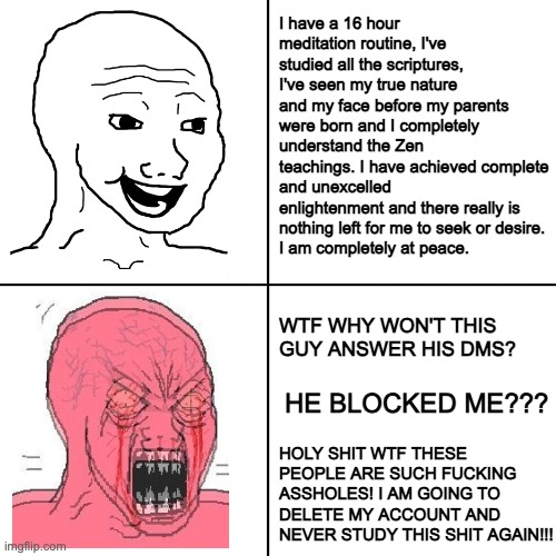 Happy vs Angry Wojak | I have a 16 hour meditation routine, I've studied all the scriptures, I've seen my true nature and my face before my parents were born and I completely understand the Zen teachings. I have achieved complete and unexcelled enlightenment and there really is nothing left for me to seek or desire. 
I am completely at peace. WTF WHY WON'T THIS GUY ANSWER HIS DMS? HE BLOCKED ME??? HOLY SHIT WTF THESE PEOPLE ARE SUCH FUCKING ASSHOLES! I AM GOING TO DELETE MY ACCOUNT AND NEVER STUDY THIS SHIT AGAIN!!! | image tagged in happy vs angry wojak,zenjerk | made w/ Imgflip meme maker