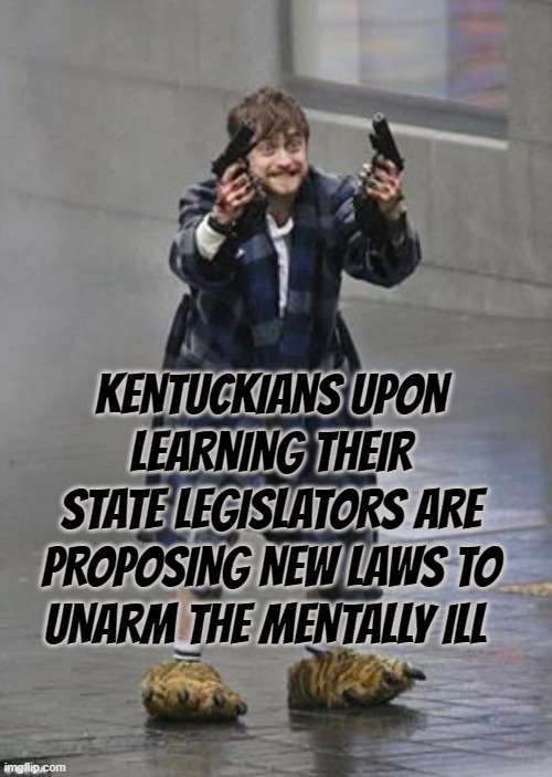 Kentuckians upon learning their state legislators are proposing new laws to unarm the mentally ill | KENTUCKIANS UPON LEARNING THEIR STATE LEGISLATORS ARE PROPOSING NEW LAWS TO UNARM THE MENTALLY ILL | image tagged in daniel radcliffe guns,billy what have you done,kill yourself guy,barney will eat all of your delectable biscuits,kentucky | made w/ Imgflip meme maker