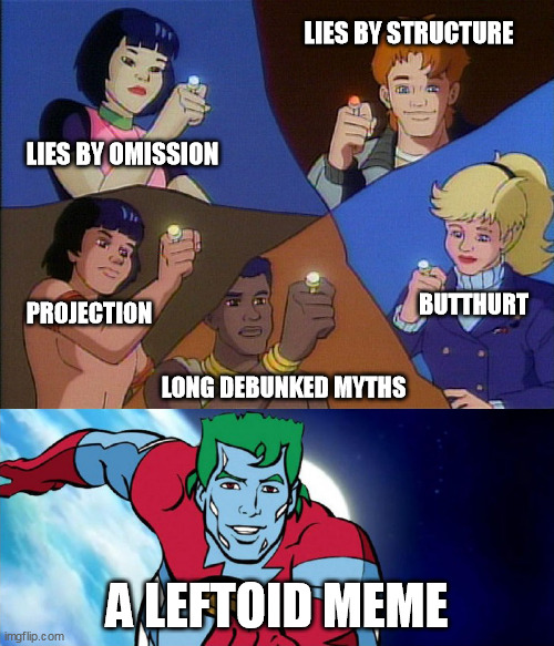 Leftoid Memes | LIES BY STRUCTURE; LIES BY OMISSION; BUTTHURT; PROJECTION; LONG DEBUNKED MYTHS; A LEFTOID MEME | image tagged in captain planet powers combined,projection,butthurt,lies,debunking | made w/ Imgflip meme maker