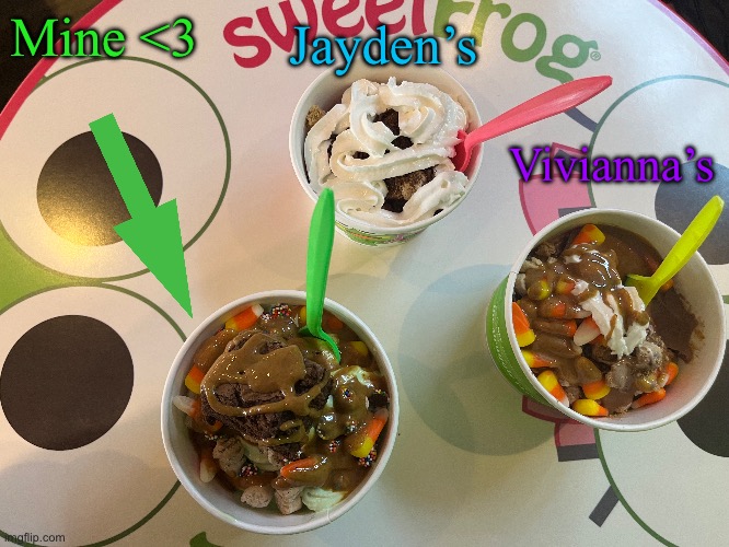 Change of plans, we went to sweet frog :) | Vivianna’s; Jayden’s; Mine <3 | made w/ Imgflip meme maker