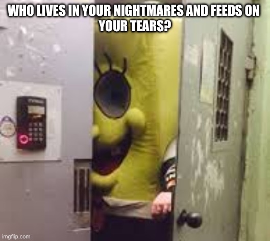 scary spongebob | WHO LIVES IN YOUR NIGHTMARES AND FEEDS ON 
YOUR TEARS? | image tagged in scary spongebob | made w/ Imgflip meme maker