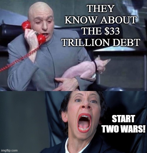 What's another gorillion? | THEY KNOW ABOUT THE $33 TRILLION DEBT; START TWO WARS! | image tagged in dr evil and frau | made w/ Imgflip meme maker