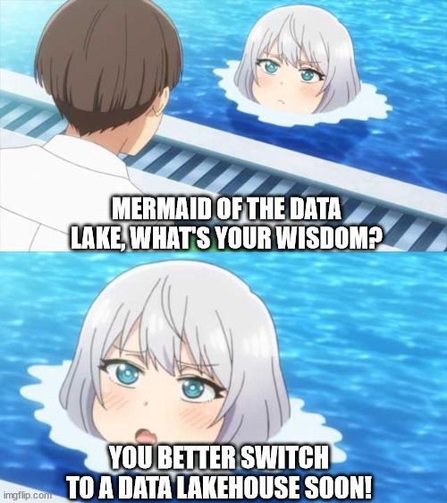 Senpai of the pool | MERMAID OF THE DATA LAKE, WHAT'S YOUR WISDOM? YOU BETTER SWITCH TO A DATA LAKEHOUSE SOON! | image tagged in senpai of the pool | made w/ Imgflip meme maker