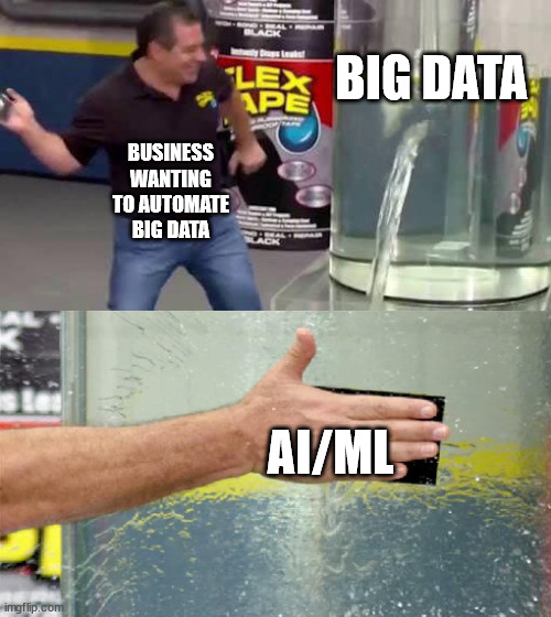 Flex Tape | BIG DATA; BUSINESS WANTING TO AUTOMATE BIG DATA; AI/ML | image tagged in flex tape | made w/ Imgflip meme maker