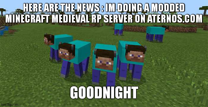 bc i dont have anything else to post now :/ | HERE ARE THE NEWS : IM DOING A MODDED MINECRAFT MEDIEVAL RP SERVER ON ATERNOS.COM; GOODNIGHT | image tagged in me and the boys | made w/ Imgflip meme maker