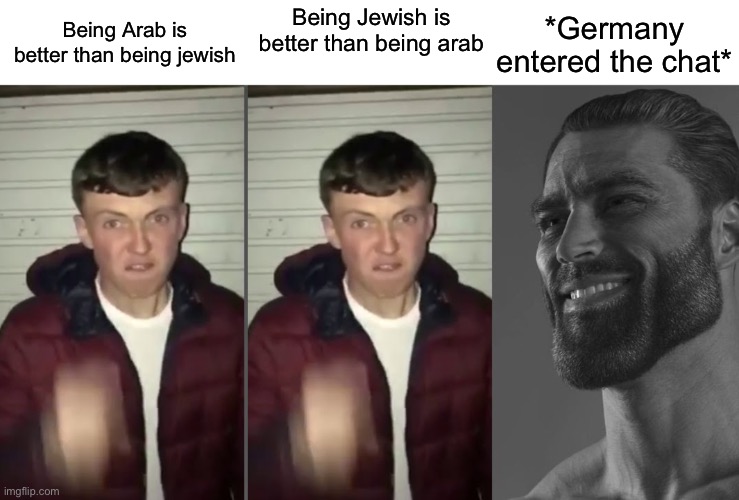 Being Arab is better than being jewish; *Germany entered the chat*; Being Jewish is better than being arab | image tagged in average fan vs average enjoyer | made w/ Imgflip meme maker
