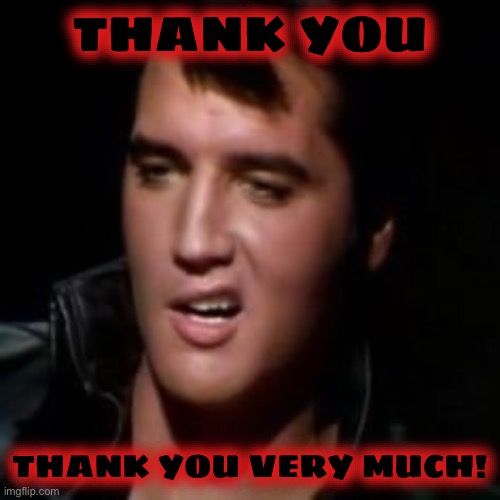 Elvis, thank you | THANK YOU THANK YOU VERY MUCH! | image tagged in elvis thank you | made w/ Imgflip meme maker