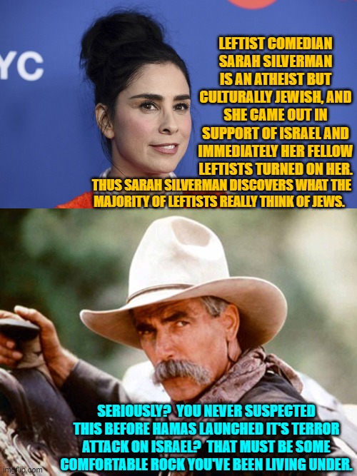 If Dem Party Jews finally wake up in regards to leftists then the Dem Party itself is screwed. | LEFTIST COMEDIAN SARAH SILVERMAN IS AN ATHEIST BUT CULTURALLY JEWISH, AND SHE CAME OUT IN SUPPORT OF ISRAEL AND IMMEDIATELY HER FELLOW LEFTISTS TURNED ON HER. THUS SARAH SILVERMAN DISCOVERS WHAT THE MAJORITY OF LEFTISTS REALLY THINK OF JEWS. SERIOUSLY?  YOU NEVER SUSPECTED THIS BEFORE HAMAS LAUNCHED IT'S TERROR ATTACK ON ISRAEL?  THAT MUST BE SOME COMFORTABLE ROCK YOU'VE BEEN LIVING UNDER. | image tagged in yep | made w/ Imgflip meme maker