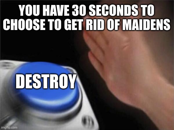 Pick | YOU HAVE 30 SECONDS TO CHOOSE TO GET RID OF MAIDENS; DESTROY | image tagged in memes,blank nut button | made w/ Imgflip meme maker