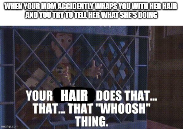 Woody Helmet Whoosh | WHEN YOUR MOM ACCIDENTLY WHAPS YOU WITH HER HAIR 
AND YOU TRY TO TELL HER WHAT SHE'S DOING; HAIR | image tagged in woody helmet whoosh | made w/ Imgflip meme maker