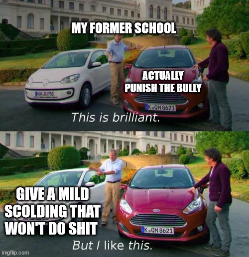 This Is Brilliant But I Like This | MY FORMER SCHOOL; ACTUALLY PUNISH THE BULLY; GIVE A MILD SCOLDING THAT WON'T DO SHIT | image tagged in this is brilliant but i like this | made w/ Imgflip meme maker