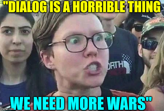 Triggered Liberal | "DIALOG IS A HORRIBLE THING WE NEED MORE WARS" | image tagged in triggered liberal | made w/ Imgflip meme maker