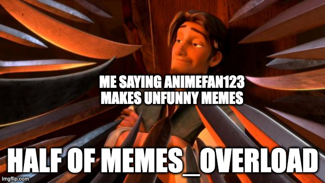 get off my dick guys | ME SAYING ANIMEFAN123 MAKES UNFUNNY MEMES; HALF OF MEMES_OVERLOAD | image tagged in flynn rider swords | made w/ Imgflip meme maker