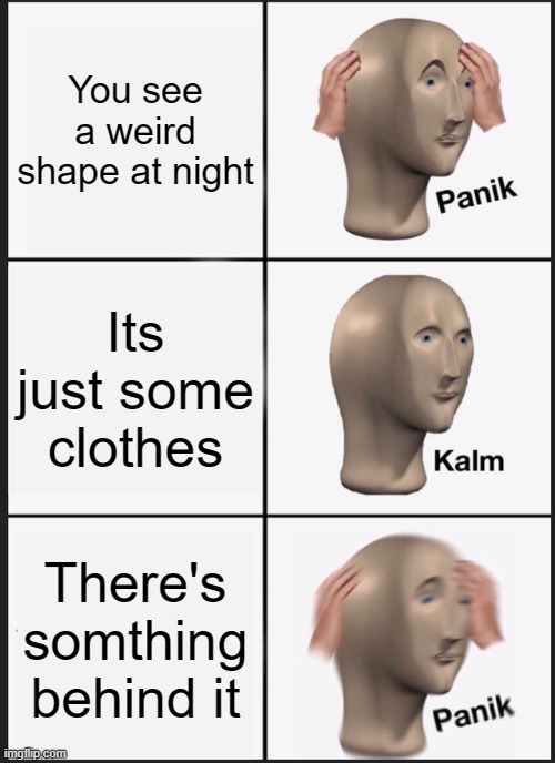 AAAAAAAHHHH | You see a weird shape at night; Its just some clothes; There's somthing behind it | image tagged in memes,panik kalm panik | made w/ Imgflip meme maker