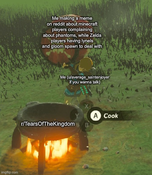 Well maybe my option is bad according to the internet | Me making a meme on reddit about minecraft players complaining about phantoms, while Zelda players having lynels and gloom spawn to deal with; Me (u/average_saintenjoyer if you wanna talk); r/TearsOfTheKingdom | image tagged in link about to cook a bomb barrel,reddit,meme,legend of zelda | made w/ Imgflip meme maker