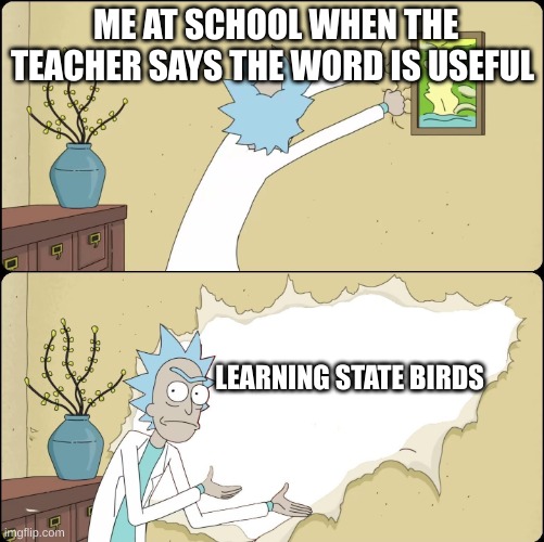 moderator note: oof | ME AT SCHOOL WHEN THE TEACHER SAYS THE WORD IS USEFUL; LEARNING STATE BIRDS | image tagged in rick rips wallpaper | made w/ Imgflip meme maker