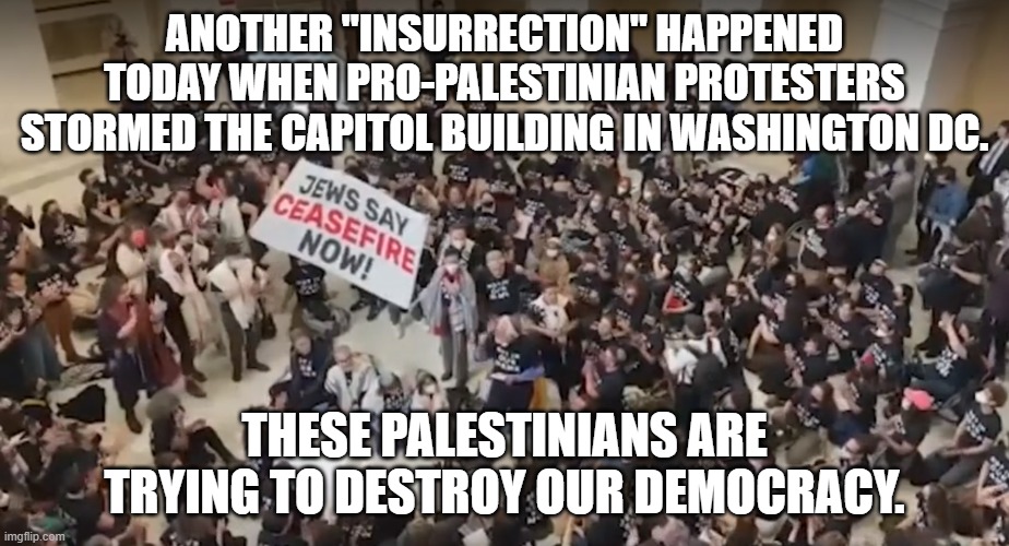 How many thousands of these people are being indefinitely detained?  None???  Libs get a way with murder | ANOTHER "INSURRECTION" HAPPENED TODAY WHEN PRO-PALESTINIAN PROTESTERS STORMED THE CAPITOL BUILDING IN WASHINGTON DC. THESE PALESTINIANS ARE TRYING TO DESTROY OUR DEMOCRACY. | image tagged in insurrection | made w/ Imgflip meme maker