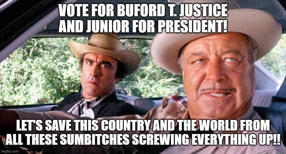 Buford T. Justice & Junior For President | VOTE FOR BUFORD T. JUSTICE AND JUNIOR FOR PRESIDENT! LET'S SAVE THIS COUNTRY AND THE WORLD FROM ALL THESE SUMBITCHES SCREWING EVERYTHING UP!! | image tagged in sheriff buford t justice | made w/ Imgflip meme maker