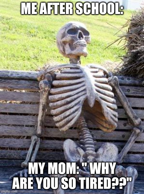 Waiting Skeleton | ME AFTER SCHOOL:; MY MOM: " WHY ARE YOU SO TIRED??" | image tagged in memes,waiting skeleton | made w/ Imgflip meme maker