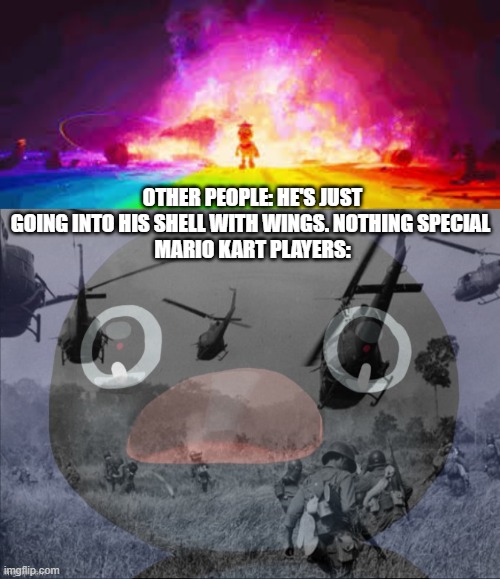 *war memory intensifies* | OTHER PEOPLE: HE'S JUST GOING INTO HIS SHELL WITH WINGS. NOTHING SPECIAL 
MARIO KART PLAYERS: | image tagged in pingu,mario kart,memes,funny,front page | made w/ Imgflip meme maker