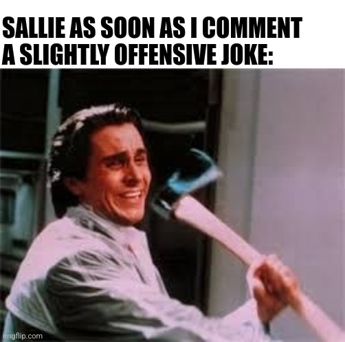 Murder time | SALLIE AS SOON AS I COMMENT A SLIGHTLY OFFENSIVE JOKE: | image tagged in axe murder | made w/ Imgflip meme maker