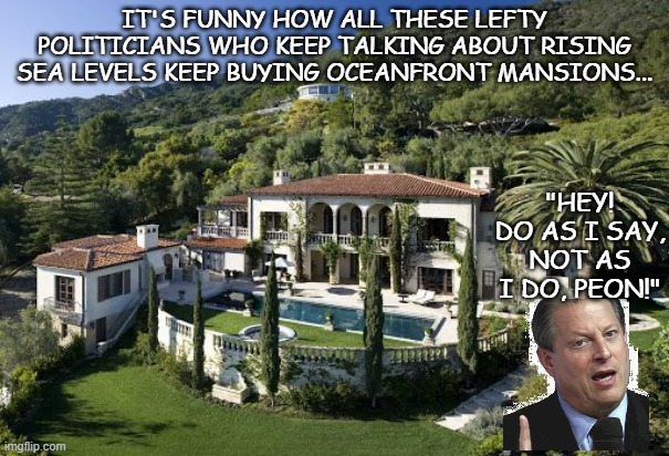 IT'S FUNNY HOW ALL THESE LEFTY POLITICIANS WHO KEEP TALKING ABOUT RISING SEA LEVELS KEEP BUYING OCEANFRONT MANSIONS... "HEY! DO AS I SAY, NO | made w/ Imgflip meme maker