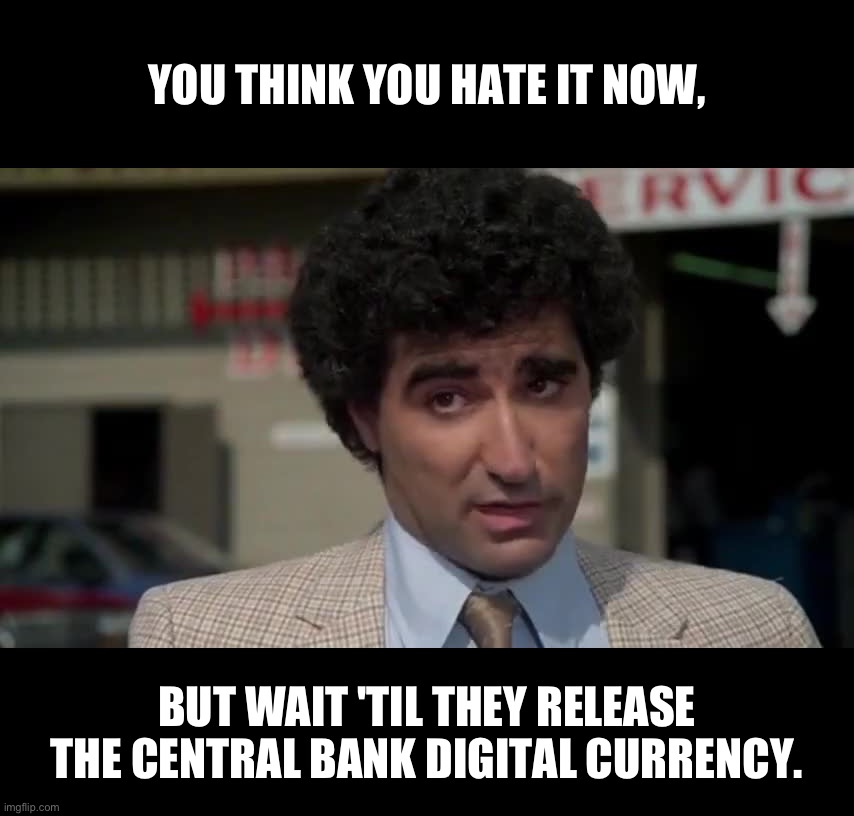 YOU THINK YOU HATE IT NOW, BUT WAIT 'TIL THEY RELEASE THE CENTRAL BANK DIGITAL CURRENCY. | image tagged in economy,political meme,new world order,memes,politics,economics | made w/ Imgflip meme maker